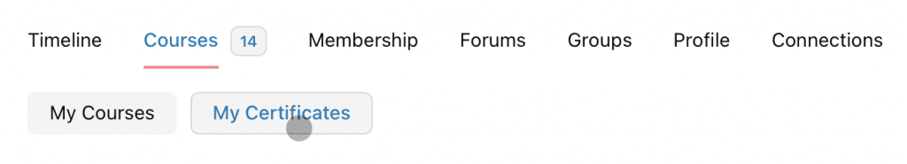 Image showing menu from profile page indicating user should click on “courses” and then on “my certificates”