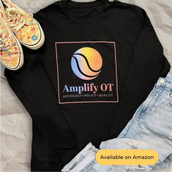 Image depicting a black long-sleeve shirt with the Amplify OT logo framed by colorful vans shoes and ripped jeans